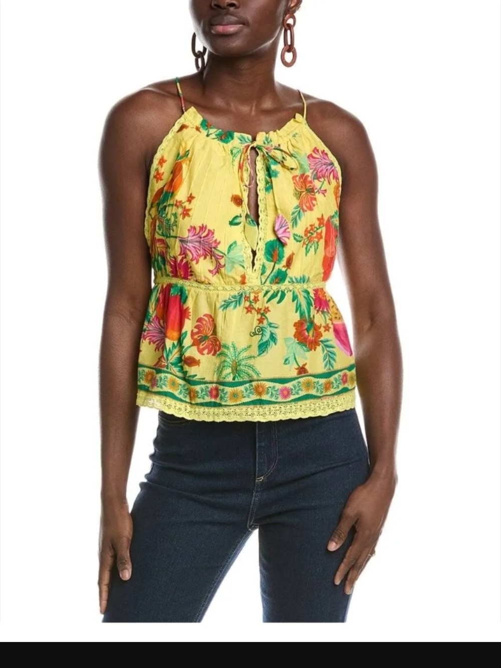Farm Rio Fruit Garden Floral Yellow Tie-Front Spaghetti Strap Camisole